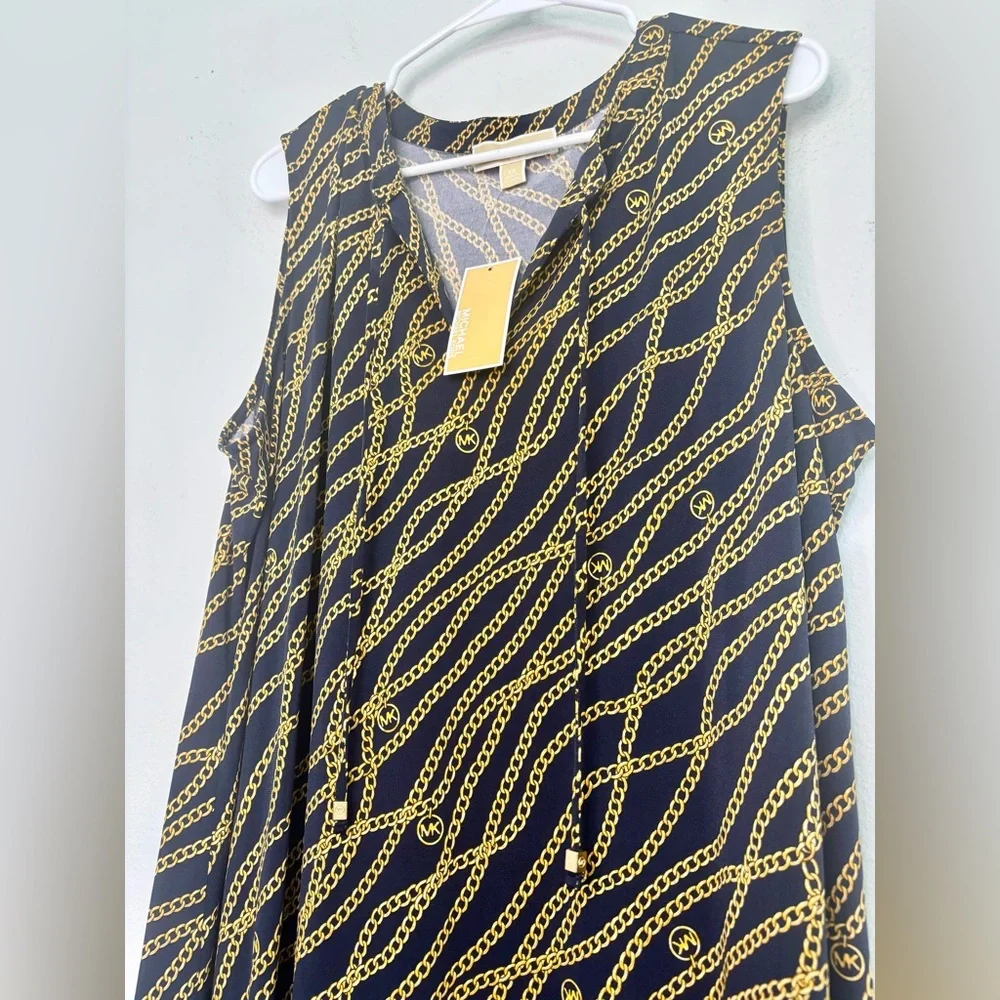 MICHAEL KORS NWT NAVY & GOLD CHAIN PRINTED MIDI DRESS SZ 2X